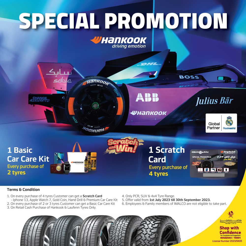 🚨 Final couple of weeks to avail this amazing promotion!

1. On every purchase of 4 tyres Customer can get a Scratch Card 
(Including iPhone 13, Apple Watch 7, Gold Coin, Hand Drill & Premium Car Care Kit)
#hankook #laufenn #specialpromotion #promotion #tyre #tire #imalco #qatar