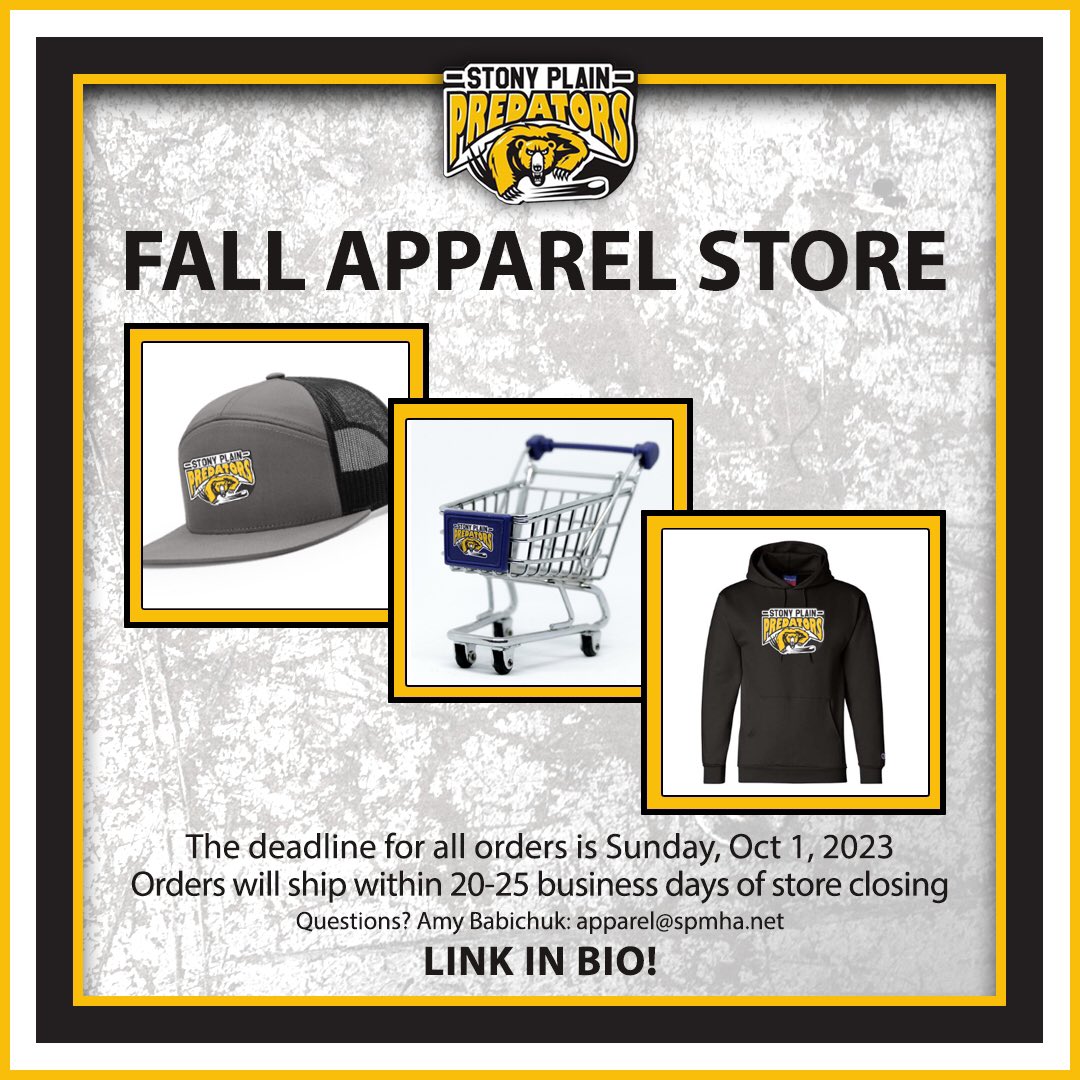 SPMHA_Predators's tweet photo. The Webstore closes on Sun, Oct 1, 2023, at midnight.

All orders take 20-25 business days from store closing to process. When orders are complete, Amy will contact you directly for to pick-up at Glenn Hall.

Click the https://t.co/4ZAff0YxTy in our bio for the link! https://t.co/sf2R6dhO2N