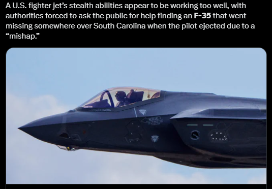 WallStreetMav's tweet image. A "stealth" jet's transponder stopped working.

So the pilot ejected from a plane that was capable of still flying in auto-pilot mode? But then they couldn't track the F-35 because it's transponder didn't work and it is a "stealth" jet.

Why would the pilot eject if the plane…