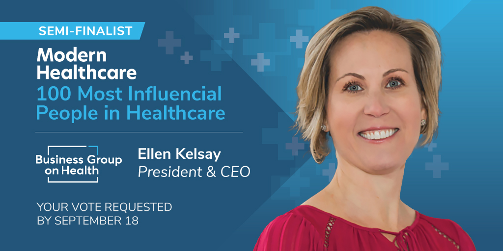 BizGrpHlth's tweet photo. Remember to vote for Ellen Kelsay, Business Group on Health president and CEO, to be named one of Modern Healthcare’s 100 Most Influential People in Healthcare Award for 2023. Deadline is today! #healthcare #employers @modrnhealthcr 
https://t.co/IG7MgUeieo https://t.co/0GiFxFi659