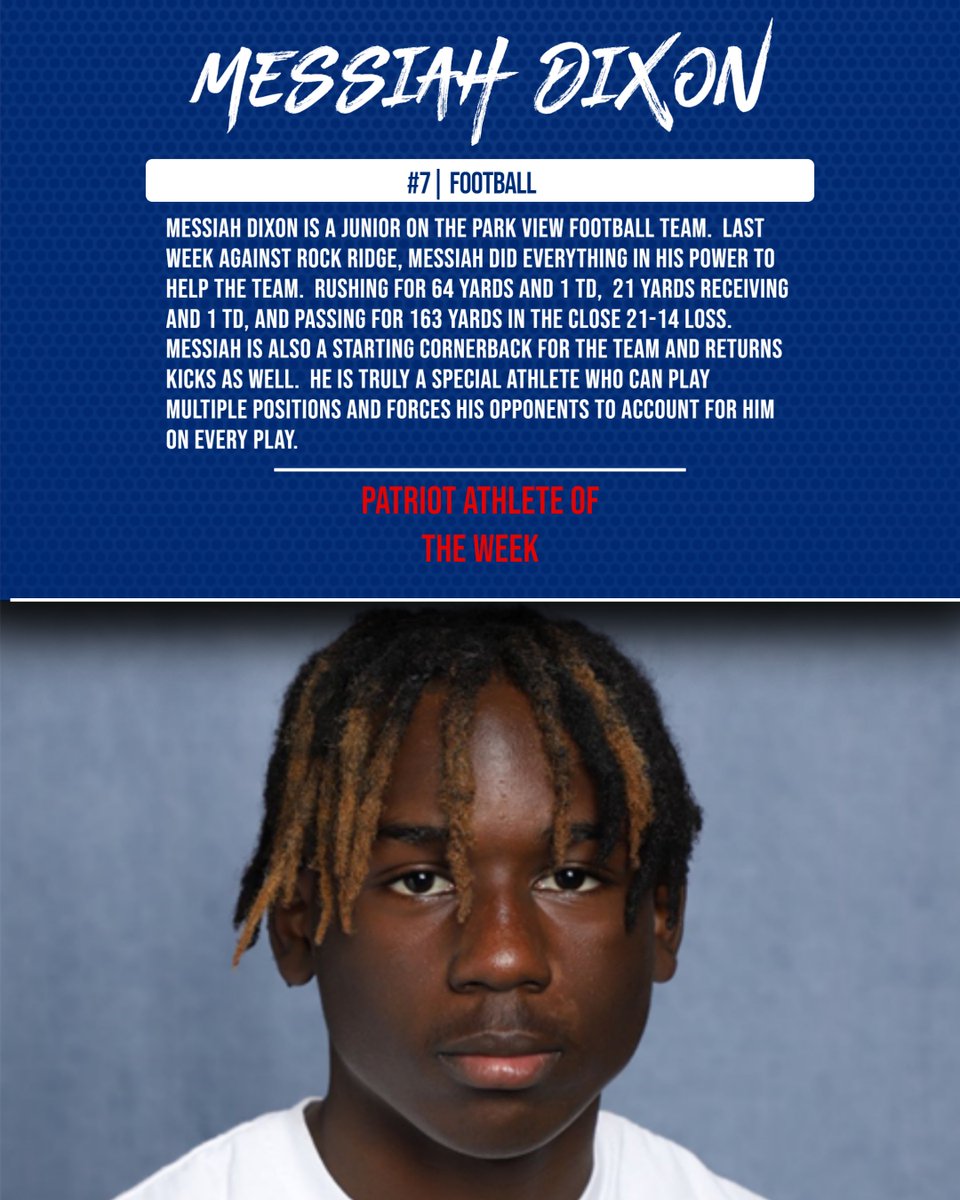 Week 4 - Park View Athlete of the Week
Congratulations to Junior Messiah Dixon
<a href="/PrincipalJeff06/">Dr. Jason Jefferson</a>