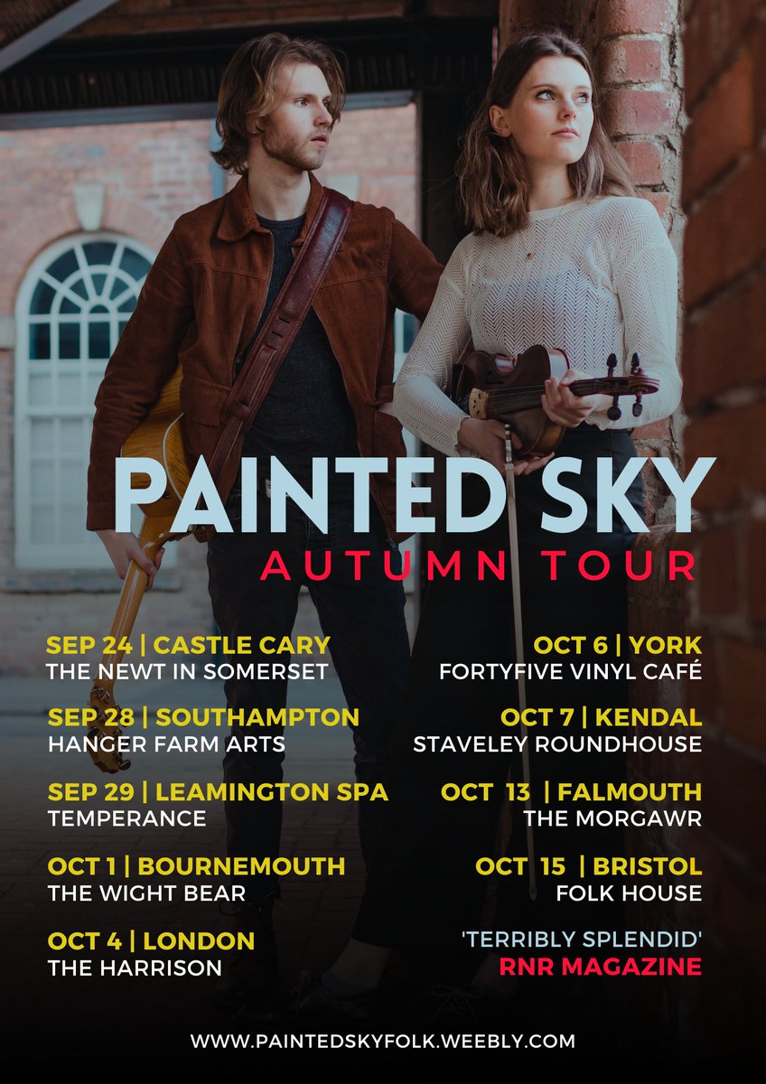 Tour kicks off this week & we'd love to see you along the way🎟️ 24.09 @TheNewtSomerset 28.09 @HangerFarmArts 29.09 @TemperanceCafe 01.10 @TheWightBear 04.10 @TheHarrisonFolk 06.10 @fortyfiveuk 07.10 @staveleyrht 13.10 #TheMorgawr 15.10 @folkhouse paintedskyfolk.weebly.com/gigs
