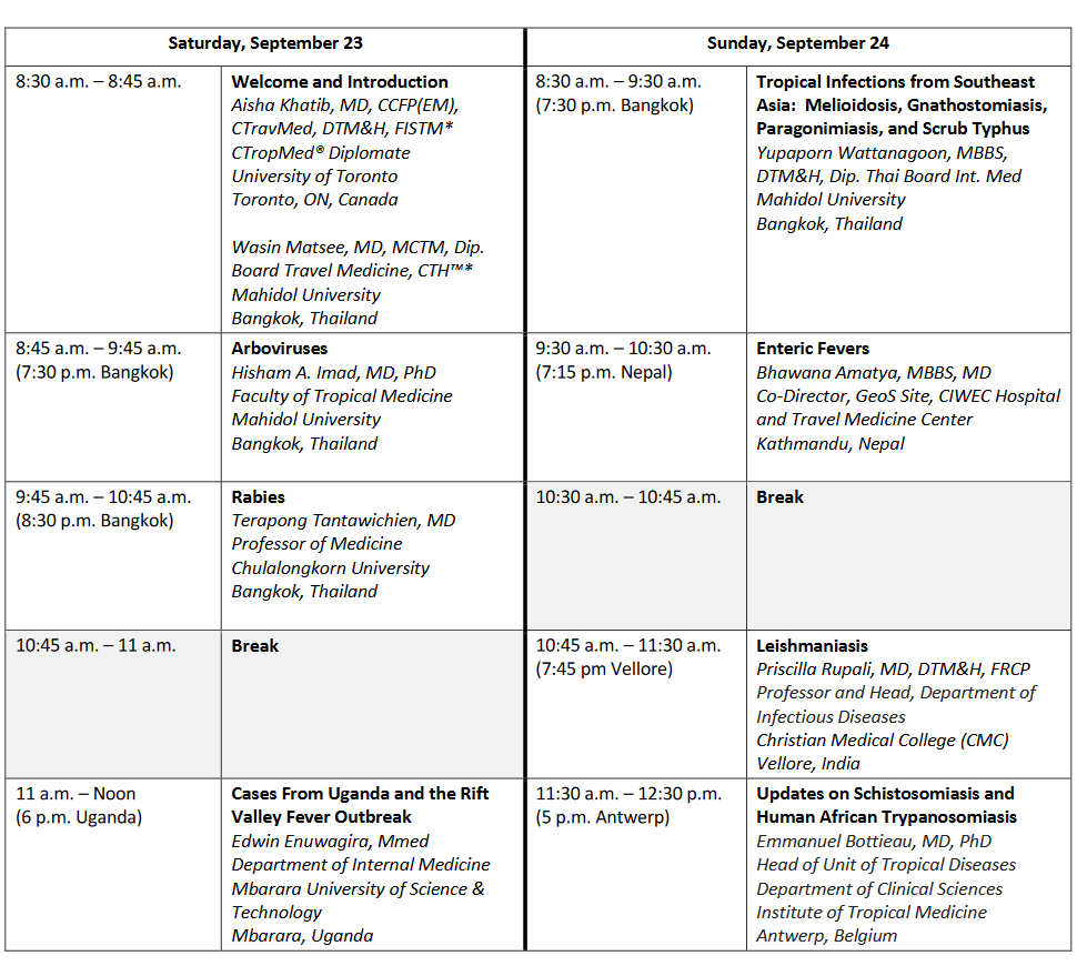 Last chance to register for the @ASTMH clinical review course. Held virtually September 23-24th. Here is a peak at the schedule! @ACCTMTH @AishaKhatib register.astmh.org/events/registr…