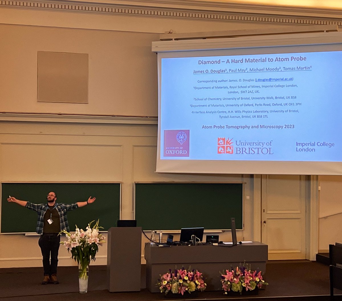 ShellyStem's tweet photo. Dr James Douglas presenting inside a hemisphere all about why diamond is such a ‘hard’ material to atom probe @ImpMaterials @tomaslmartin @OxfordAtomProbe #APTogether @RoyalMicroSoc https://t.co/zTYtKcUGbj