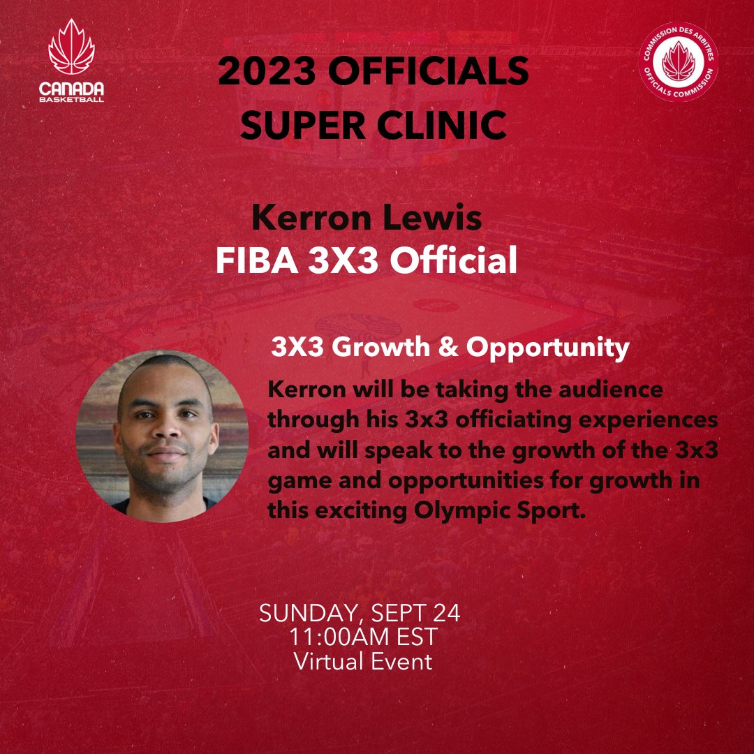 ‼️🚨 Officials Super Clinic is just 6⃣ days away Kerron is an experienced FIBA 3X3 official. Recently returning from the 3X3 World Final in Mongolia, he will speak on opportunities in 3X3 🏀 Register here: bit.ly/45RgC2C