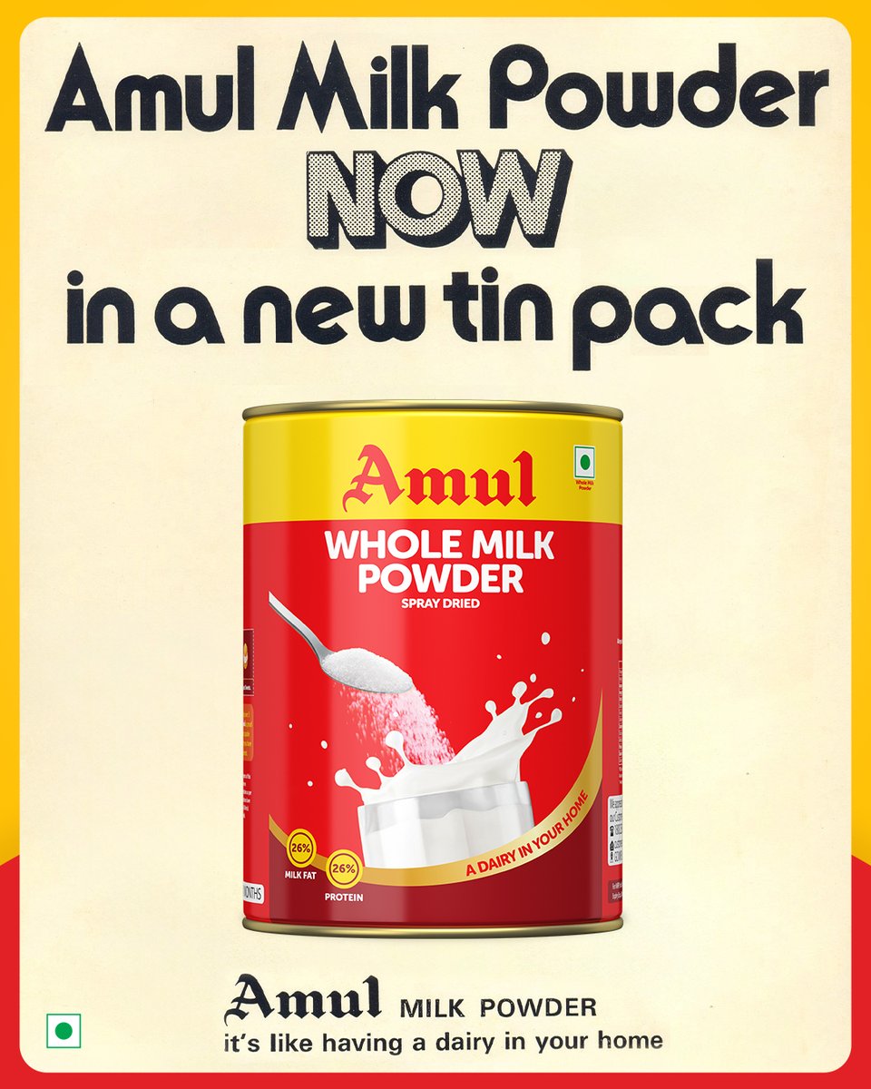 Amul_Coop's tweet photo. Back in a vibrantly red and yellow tin, your instant milkman is at your service.
Be it for milk, curd or desserts in a snap, Amul Whole Milk Powder is the kitchen genie we all need in our lives. It’s like having a dairy in your home.
#Amul #WholeMilkPowder #Desserts #Curd #Milk https://t.co/JWnaeCl0PZ