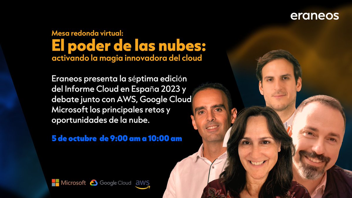 ¡Descubre las últimas tendencias del cloud en España! El próximo 𝟱 𝗱𝗲 𝗼𝗰𝘁𝘂𝗯𝗿𝗲 presentamos la séptima edición del Informe del Mercado Cloud en España en un webinar con <a href="/awscloud_es/">AWS España</a>, <a href="/googlecloud/">Google Cloud</a> y <a href="/Azure/">Microsoft Azure</a> 
¡No te lo pierdas e inscríbete! 👉🏻eraneos.com/es/es/eventos/…