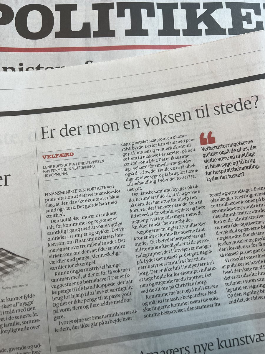 Med en i følge <a href="/NWammen/">Nicolai Wammen</a> stærk dansk økonomi som bagtæppe er centrale velfærdsområder i @kommunerne og <a href="/regionerne/">Danske Regioner</a> ved at blive sparet i stumper og stykker. Det bliver rigtig dyrt på den lange bane, lyder det fra <a href="/hkkommunal/">HK Kommunal</a> 's formandskab i <a href="/politiken/">Politiken</a> #dkpol #kompoldk