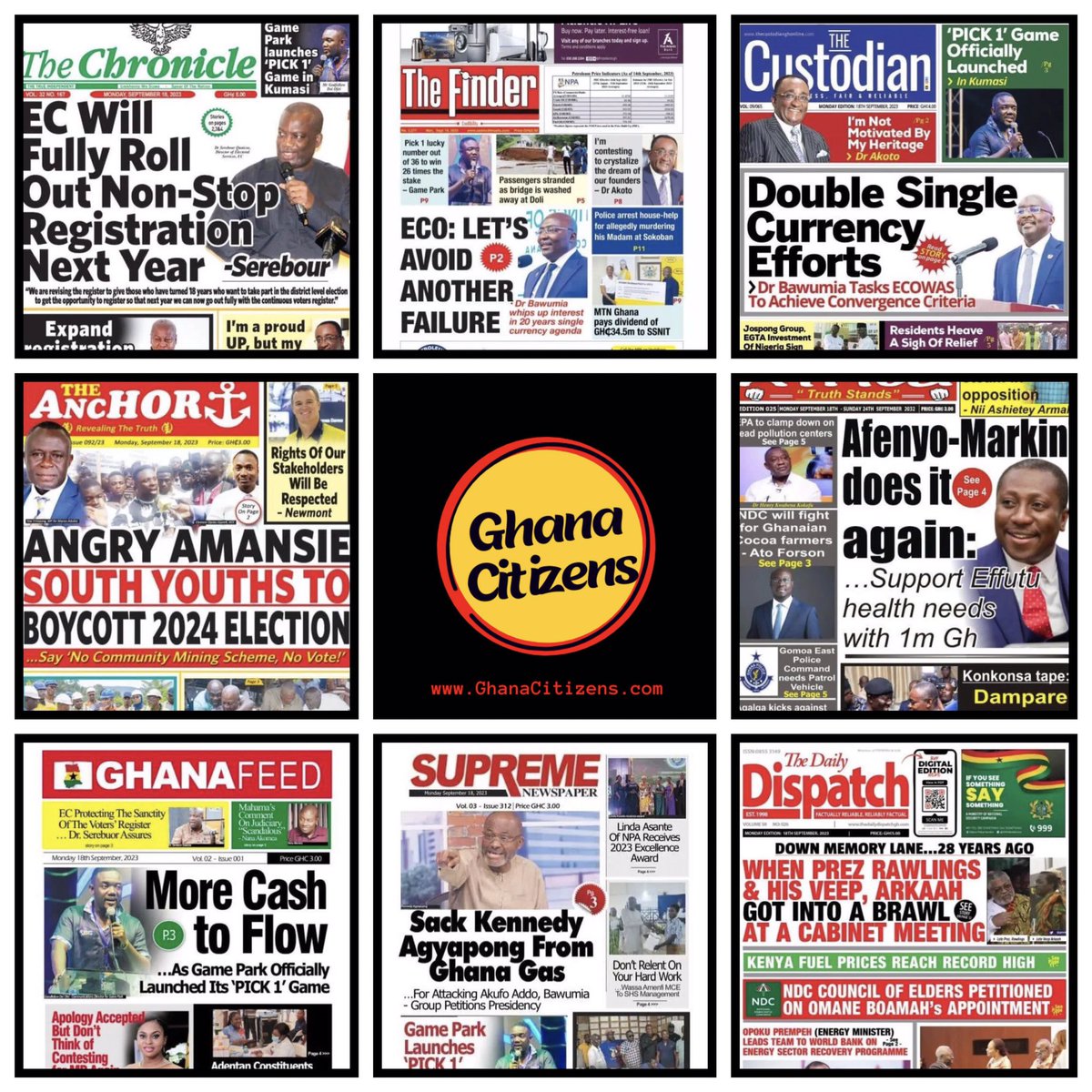 AccraEvents's tweet photo. 🌞📰 Good Morning all @accracitizens ! 🕺🏾💃 Stay informed about the latest news in our Dear Country 🇬🇭. Here are some Newspaper Headlines for today (Monday, 18th September, 2023). 🗞 Read on to know what's happening in the city and around the country. @AccraEvents @AccraCitizen https://t.co/xqkPwTGaaK