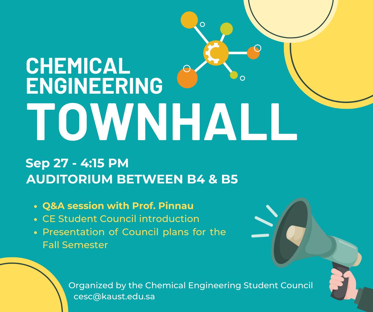 sce_kaust's tweet photo. 📢Exciting news! Join us for the Chemical Engineering Townhall at KAUST🏛️Share your thoughts, questions, and feedback on the CE program. Meet Prof. Pinnau, Faculty, and the CE Student Council. Learn about our mission and Fall Semester plans🎯
🗓️Sept 27, 16:15, B4-B5 auditorium! https://t.co/3DsI9MOF96