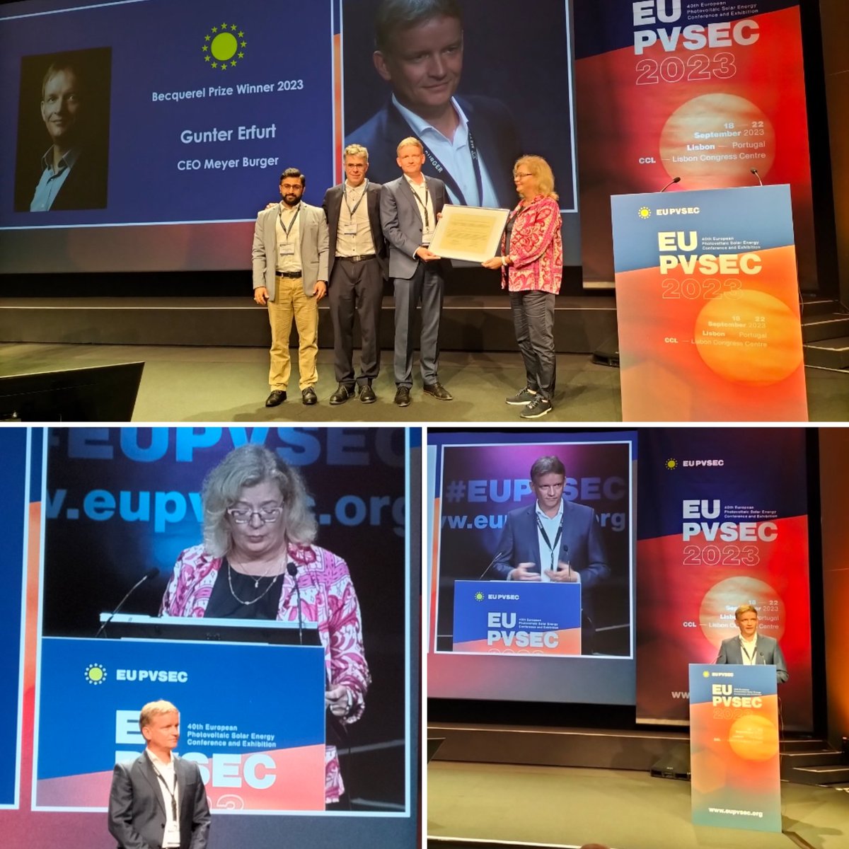 nieuwca's tweet photo. The Becquerel Prize - handed over by our DDG @SallaLoi- went to @GunterErfurt. Gunther promoted global #research &amp; #innovation as the basis of the success of #SolarTechnology, but can we afford modules "made in 🇪🇺"? 
#solarenergy #PVresearch #PVindustry #photovoltaics https://t.co/cLXkkEjRDn