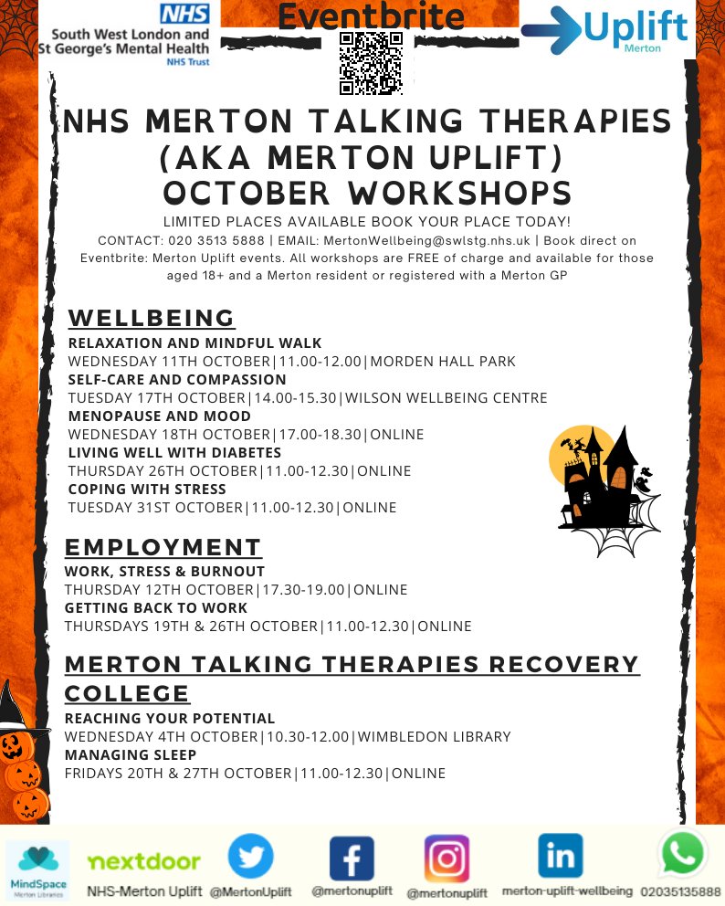 MertonWellbeing's tweet image. Have you checked our October workshops? Next month we will offer two evening sessions on "Menopause and mood", "Work and burnout" and also our new workshop "Living well with diabetes"!
Book your free space by clicking the link below:
eventbrite.co.uk/o/merton-uplif…
#wellbeingworkshops