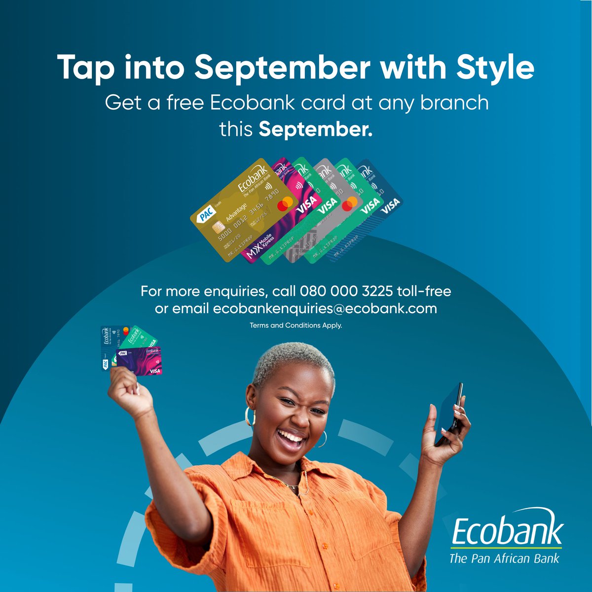 EcobankGhanaPLC's tweet photo. Exciting news for #September! Pay ZERO issuance fees for your Ecobank debit or credit card this #month. Rush to your nearest #Ecobank branch and grab this limited-time offer!
#EcobankCards #FreeCardSeptember #ThePanAfricanBank https://t.co/fZefWLzec1