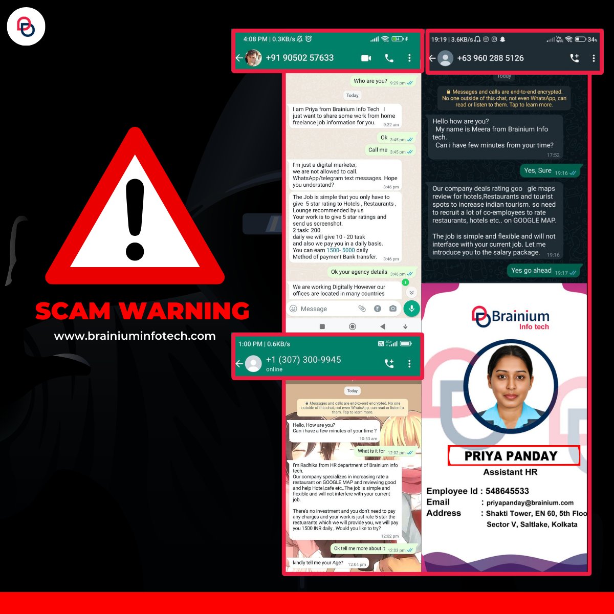 BrainiumIT's tweet image. #ScamAlert🚨
Beware of #fake Brainium Infotech #job offers!
We do NOT offer rating services or request social media Likes or Google ratings from job seekers—NO post-application incentives.
Report suspicious offers.
Please share to raise awareness!
#ideateimplementsucceed