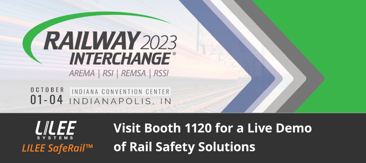 LILEESystems's tweet photo. LILEE Systems will be exhibiting at Railway Interchange/RSSI C&amp;S Exhibition on October 1-4 in Indianapolis! Join booth 1120 for a live demo of LILEE SafeRail™m complete protection for railways to reduce the cost of accidents and save lives. #railsafety #RailwayInterchange2023 https://t.co/dvbfawwgyZ