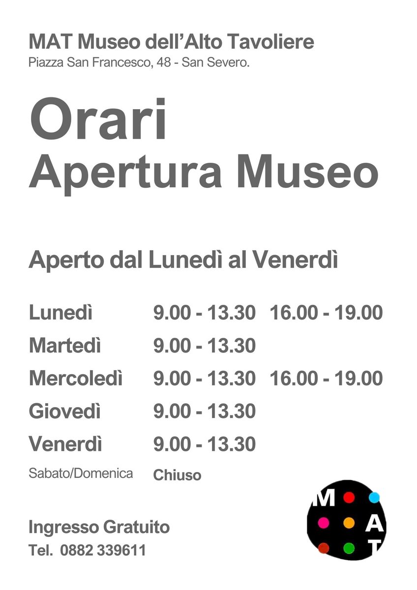 Vi aspettiamo presso il <a href="/MATSanSevero/">MAT</a> dal lunedì al venerdì, ore 9.00-13.30 e il lunedì e il mercoledì, ore 16.00-19.00. Ingresso gratuito #mat #museoaltotavoliere #sansevero