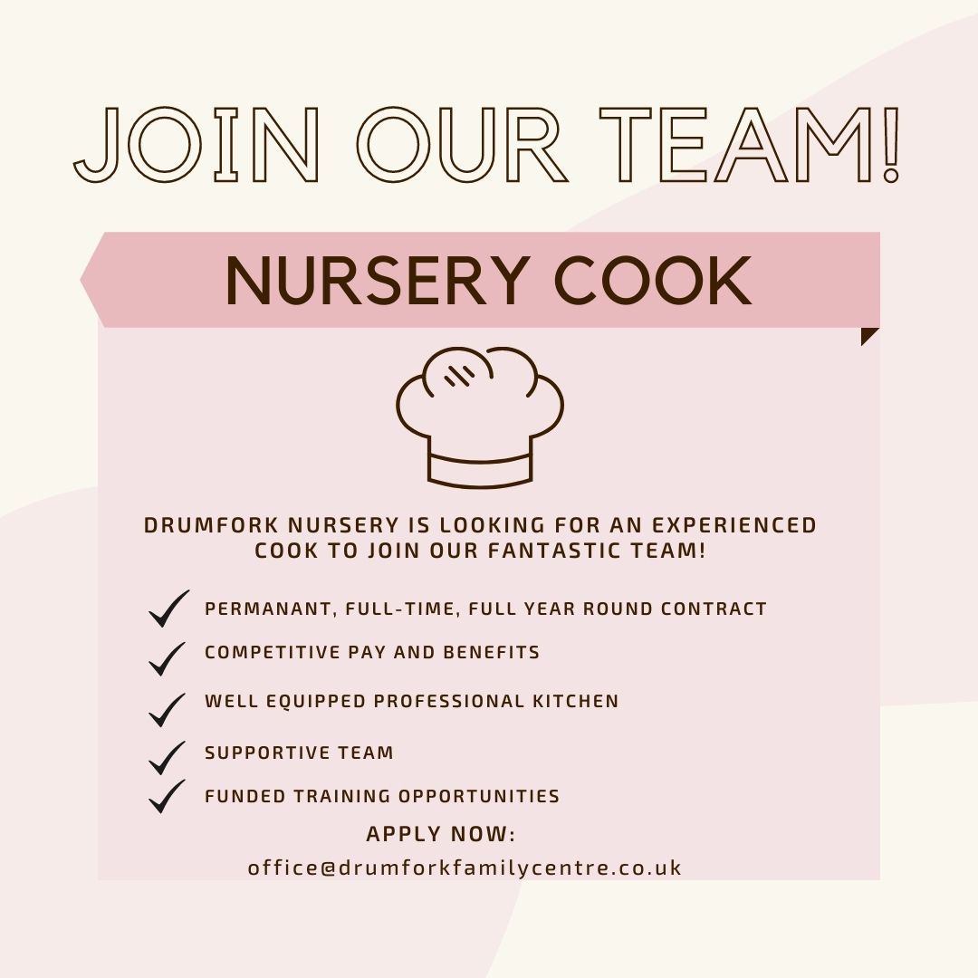 Drumfork Nursery is looking for an experienced, motivated and enthusiastic Cook/Chef to join our Team!
#earlyyears #recruitment #food #healthyeating #vacancies #nurserycook #childcare
#joinourteam #cookvacancy #jobopening #jobvacancy #childcare #Vacancy2023 #vacancyjob