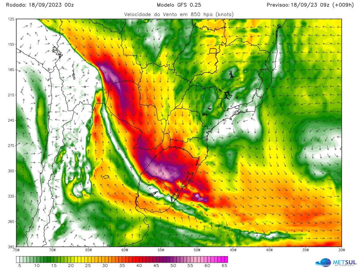 metsul's tweet photo. 💨 AGORA | Santa Maria (RS) com vento Norte de quase 80 km/h e 32°C na base aérea às 6h da manhã. Efeito de intenso jato de baixos níveis, corredor de vento a ~1500 m de altitude que se origina na Bolívia e no Centro-Oeste com ar seco e quente. https://t.co/phT5ZrSmym