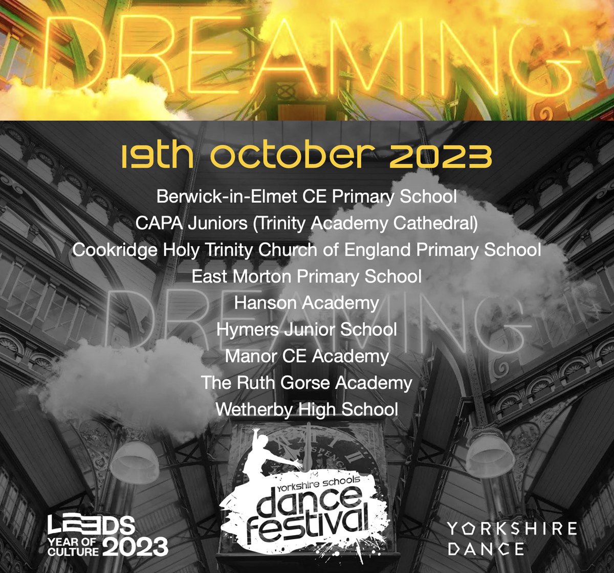 We'll be welcoming these 18 schools and colleges to @carriageworkstheatre on 18th/19th October. A full day of dance experiences and performance. Produced in partnership with @leeds2023 & @yorkshiredance #Dance #DanceinSchools #YouthDance#Leeds2023 #Schools #Yorkshire