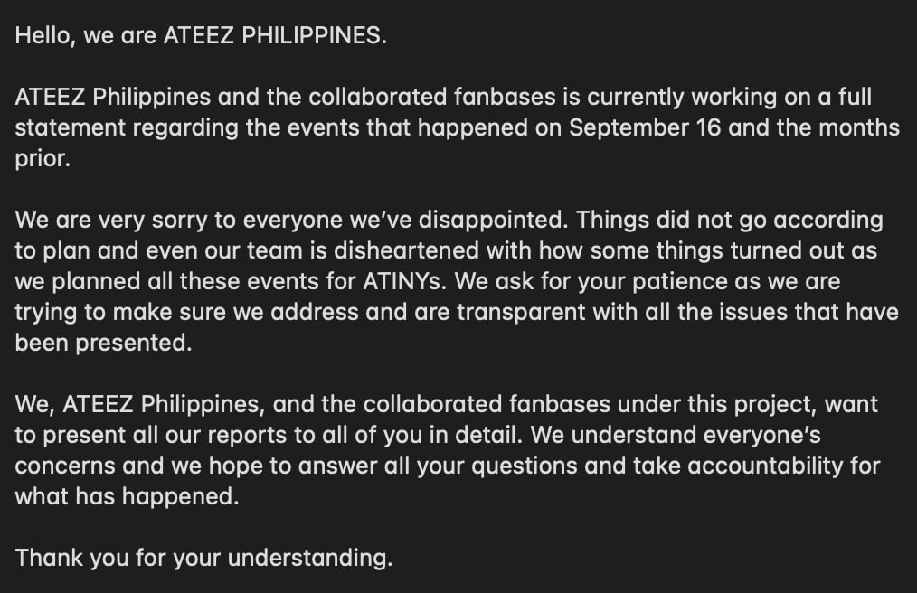 ATEEZPHL's tweet photo. [ADMIN]

Hello, we are ATEEZ Philippines.

Please see the statement below.

Thank you. https://t.co/SC043WVx29