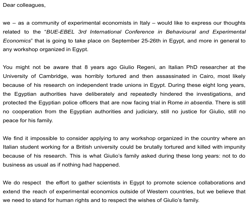 Giulio Regeni was a Cambridge PhD student. He was murdered 8 years ago in Egypt because of his research. 

Next week an academic event is to be held in Egypt. 27 other Italian colleagues, @giannetti_cate and me have written a letter to raise awareness.
shorturl.at/pTYZ6