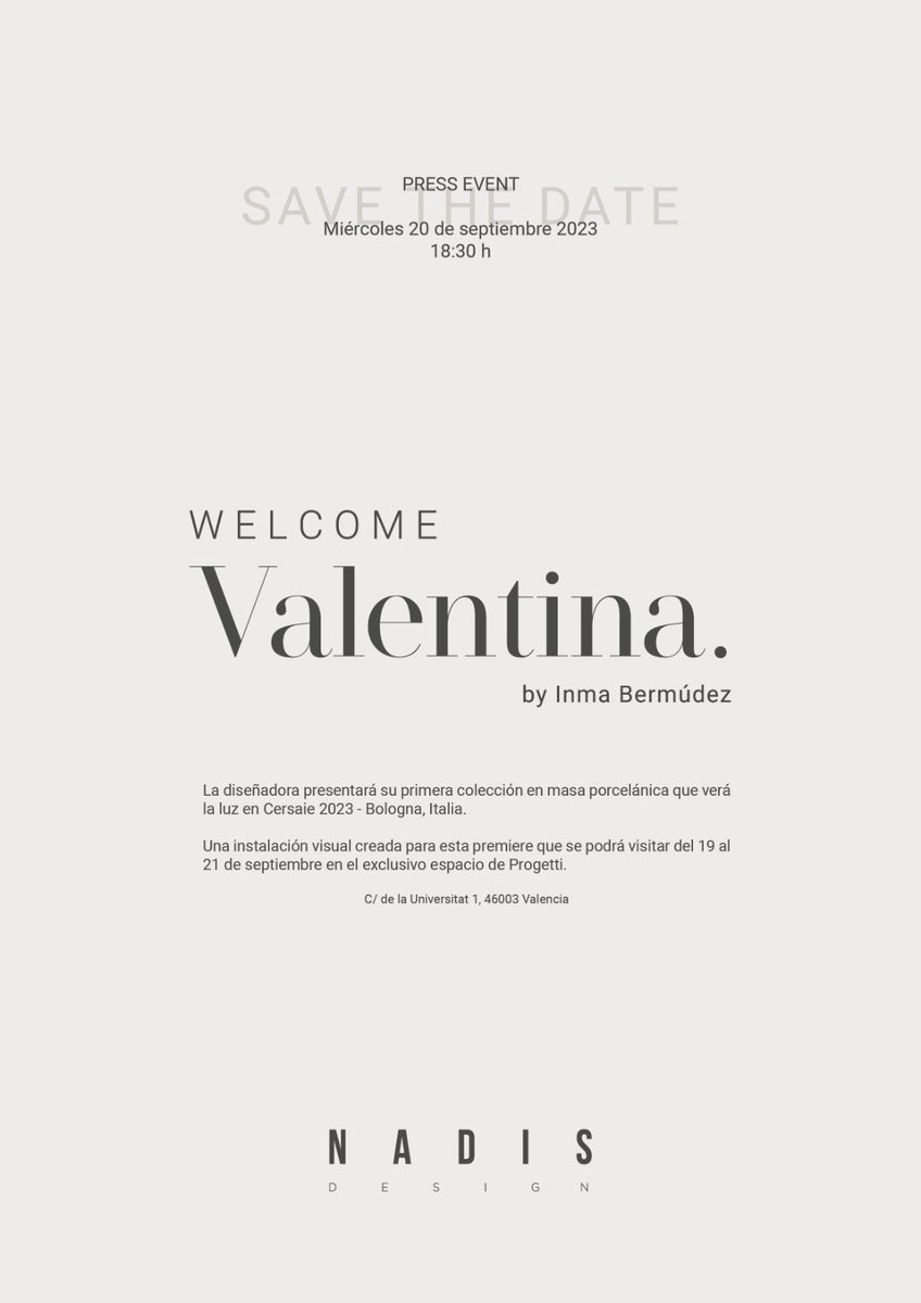 Progettivlnc's tweet photo. Nadis presenta su nueva colección Valentina, diseñada por Inma Bermúdez.  Progetti acoge esta  via @QodeInteractivehttps://www.valenciadissenyweek.com/2023/07/31/welcome-valentina/ https://t.co/YiJ74vfJwj