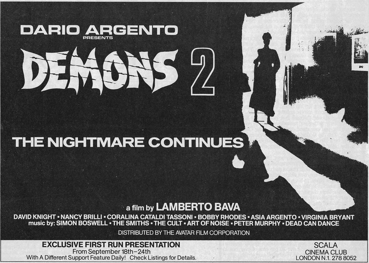 Mag1cH0ur's tweet image. On this day, September 18th, 1987, Lamberto Bava's DEMONS 2 opened in London exclusively @scalacinema .
The film played there for a week and was double-billed with a different horror each day, beginning with CREEPSHOW.
Music was by @thesimonboswell