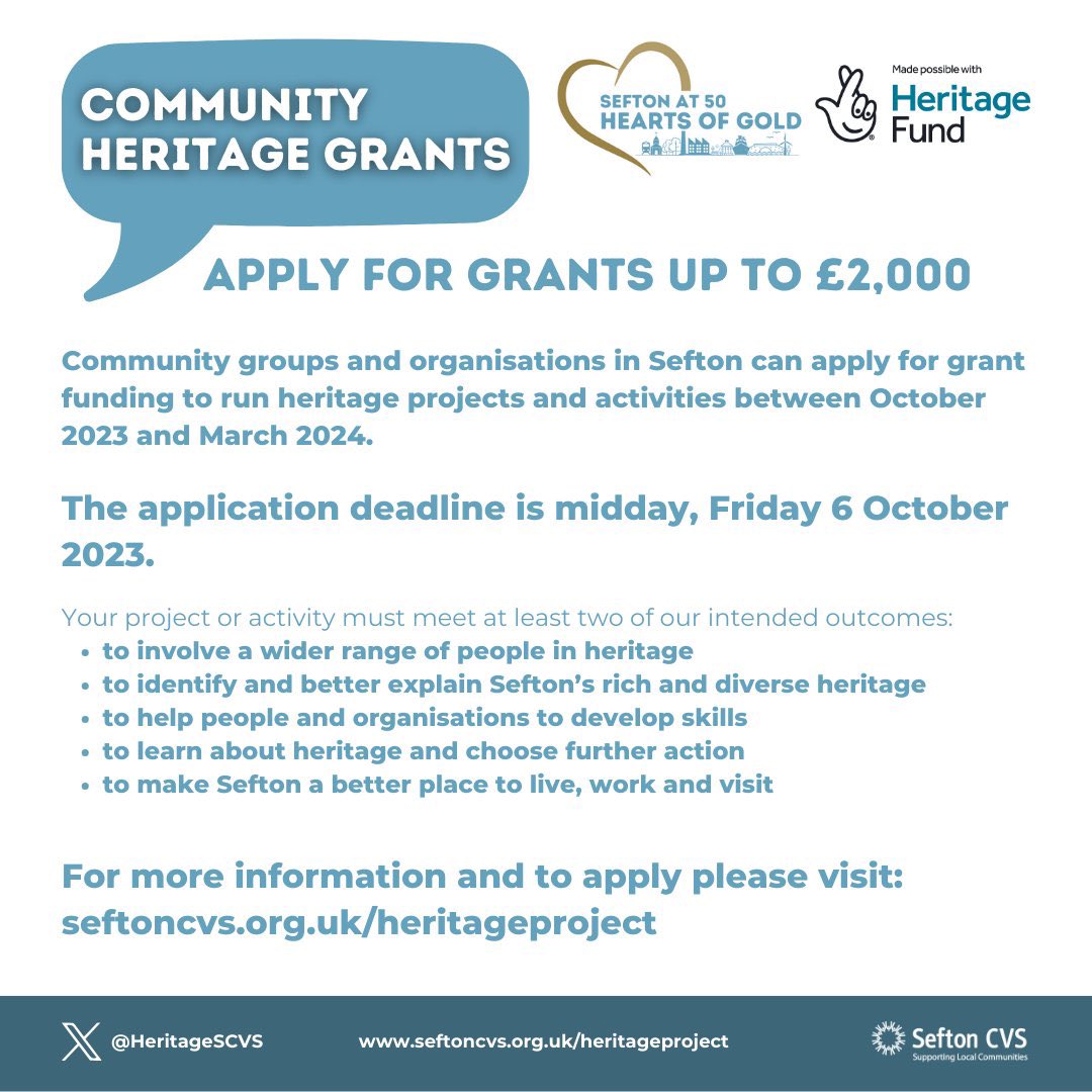 FUNDING | <a href="/HeritageSCVS/">Hearts of Gold - Sefton at 50</a> Community Heritage Grants 

Community groups and organisations in #Sefton can apply for up to £2,000 to run heritage projects in the borough.

🗓️ Deadline 6 October 

For more info including criteria: seftoncvs.org.uk/heritageproject 

#MySefton <a href="/HeritageFundNOR/">The National Lottery Heritage Fund North</a>