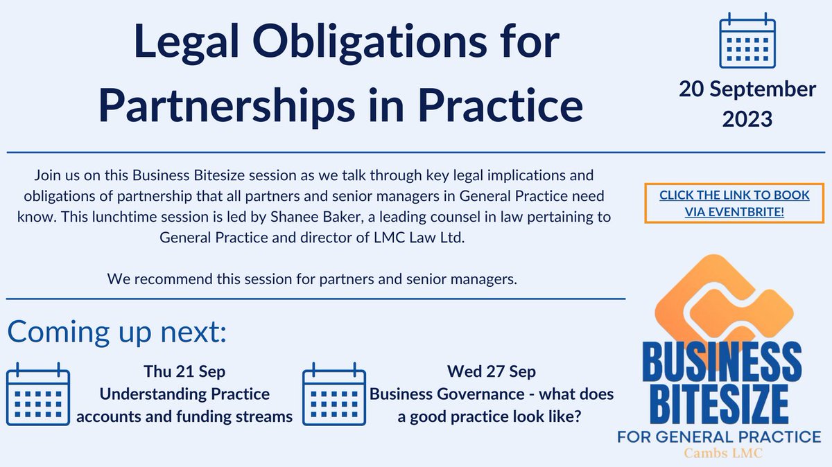 Join us on our next Business Bitesize session to talk through 'Legal Obligations for Partnerships in Practice'. Click the link to book your place -eventbrite.com/e/legal-obliga…