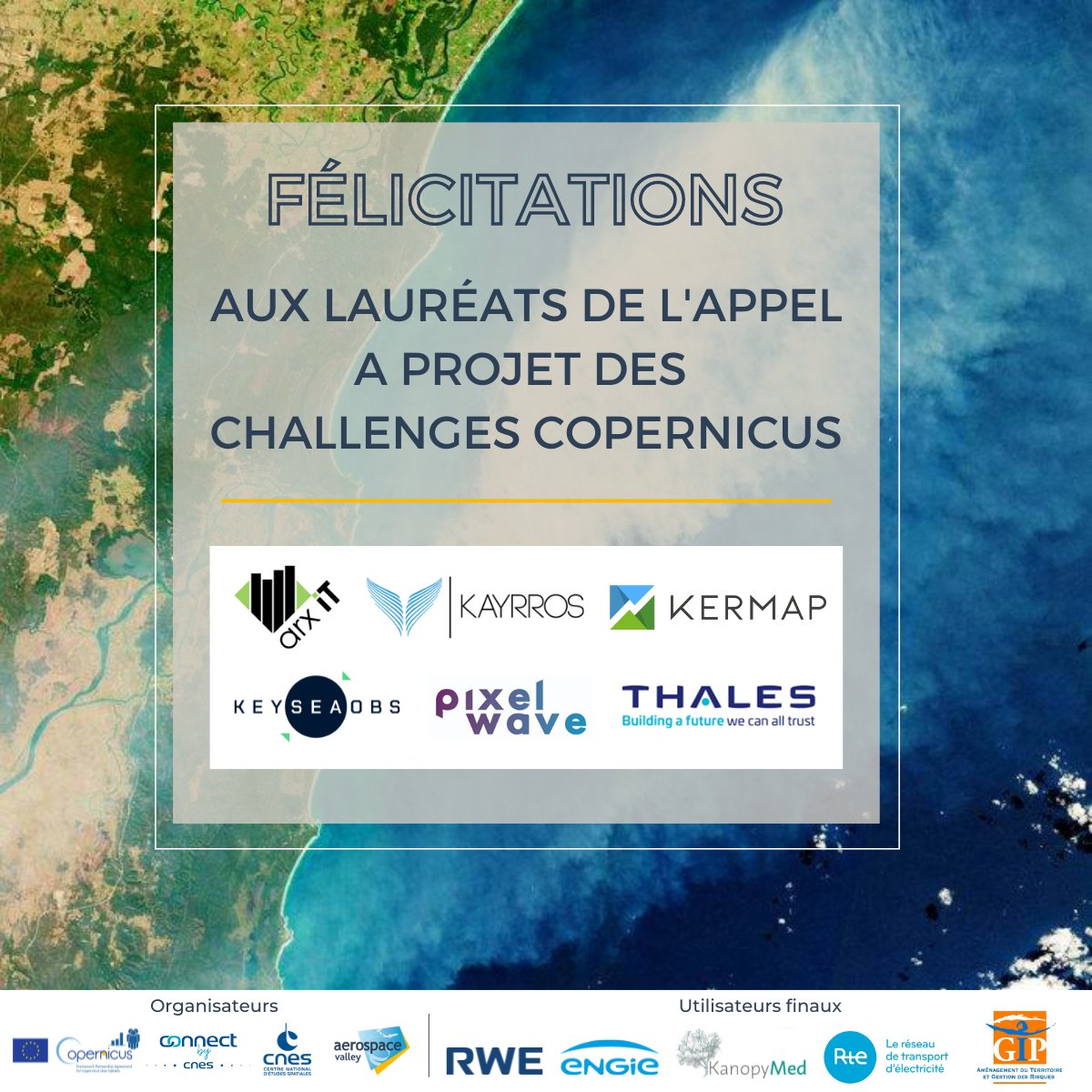 [🏆 Challenges Copernicus] 5 domaines ➡️ biodiversité, sécurité, aménagement, ENR, climat 1 source de données 🛰️ Copernicus 6 lauréats 🔜 6 POCs en réponse à des besoins terrain 👏 aux lauréats & aux 18 autres candidats, RDV dans 6 mois pour découvrir le fruit de leur travail!