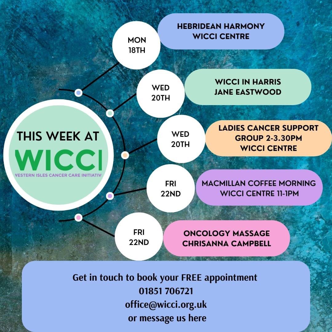 wiccioffice's tweet photo. This Week at WICCI!

We have lots on this week, get in touch if you'd like to book any of our FREE treatments or if you would like a chat or more information on what support we can offer.

📞01851 706721
💻office@wicci.org.uk
📧message us here
💚please share!💜 https://t.co/fgFQoop68h