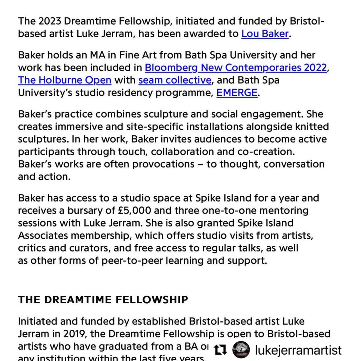 EMERGEinBath's tweet image. We’re SO PROUD &amp;amp; excited for Art Resident, @loubakerartist who has been awarded the Dreamtime Fellowship @_SpikeIsland with artist @lukejerram 

An incredible achievement - And follows on from @NewContemps in 2022 🔥 

🎉🧶⭐️
@bathspauni @bathspaalumni @artdesignbsu #bathspaproud