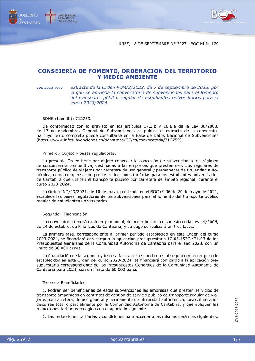 BOCantabria's tweet photo. 🏛 Consejería de Fomento, Ordenación del Territorio y Medio Ambiente
📄 Extracto de la Orden FOM/2/2023, de 7 de septiembre de 2023, por la que se aprueba la convocatoria de subvenciones para el fomento del transporte público regular de estudiantes un…
👉 https://t.co/ELMO9GPeR2 https://t.co/5I52ad943j