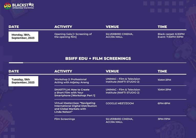 AccraEvents's tweet photo. 📽️🌟Exciting news for film enthusiasts! The #BSIFF23 EVENT SCHEDULE IS HERE!

Visit https://t.co/W3z0fDJpSa to become a FREE member for exclusive access to all film screenings and festival events. Alternatively, secure your daily pass! @AccraCitizen @AccraEvents 🇬🇭🇬🇭🇬🇭🌎🌎 https://t.co/nrOe8PwKKR