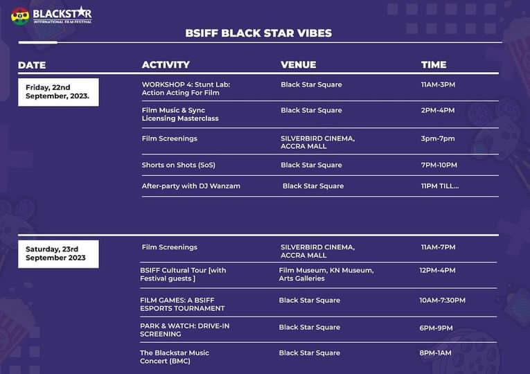 AccraEvents's tweet photo. 📽️🌟Exciting news for film enthusiasts! The #BSIFF23 EVENT SCHEDULE IS HERE!

Visit https://t.co/W3z0fDJpSa to become a FREE member for exclusive access to all film screenings and festival events. Alternatively, secure your daily pass! @AccraCitizen @AccraEvents 🇬🇭🇬🇭🇬🇭🌎🌎 https://t.co/nrOe8PwKKR