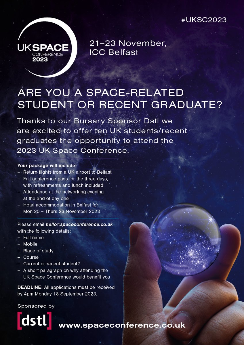 ⏰Final Reminder - Student Busary applications close at 4pm today!⏰ Email hello@spaceconference.co.uk including your course, university, contact number, and why attending the UK Space Conference will benefit you. Late applications will not be considered. Thanks to: @dstlmod