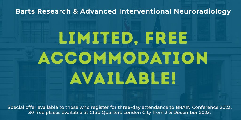 BRAIN Conference (@brainconferenc1) on Twitter photo We're offering 30 spaces for FREE accommodation at Club Quarters London City to those who register for ALL 3 days of #BartsBRAINConference 2023!
Find out more and register here: millbrook-events.co.uk/BRAIN2023
<a href="/RLHINR/">Barts Health Interventional Neuroradiology</a> <a href="/GeriSoc/">British Geriatrics Society</a> <a href="/_sirm/">SIRM</a> <a href="/SocArgRad/">SAR</a> <a href="/FrontRadiology/">Frontiers in Radiology</a> <a href="/theBSNR/">BSNR</a> <a href="/UKBANN/">BANN</a> We're offering 30 spaces for FREE accommodation at Club Quarters London City to those who register for ALL 3 days of #BartsBRAINConference 2023!
Find out more and register here: millbrook-events.co.uk/BRAIN2023
<a href="/RLHINR/">Barts Health Interventional Neuroradiology</a> <a href="/GeriSoc/">British Geriatrics Society</a> <a href="/_sirm/">SIRM</a> <a href="/SocArgRad/">SAR</a> <a href="/FrontRadiology/">Frontiers in Radiology</a> <a href="/theBSNR/">BSNR</a> <a href="/UKBANN/">BANN</a>