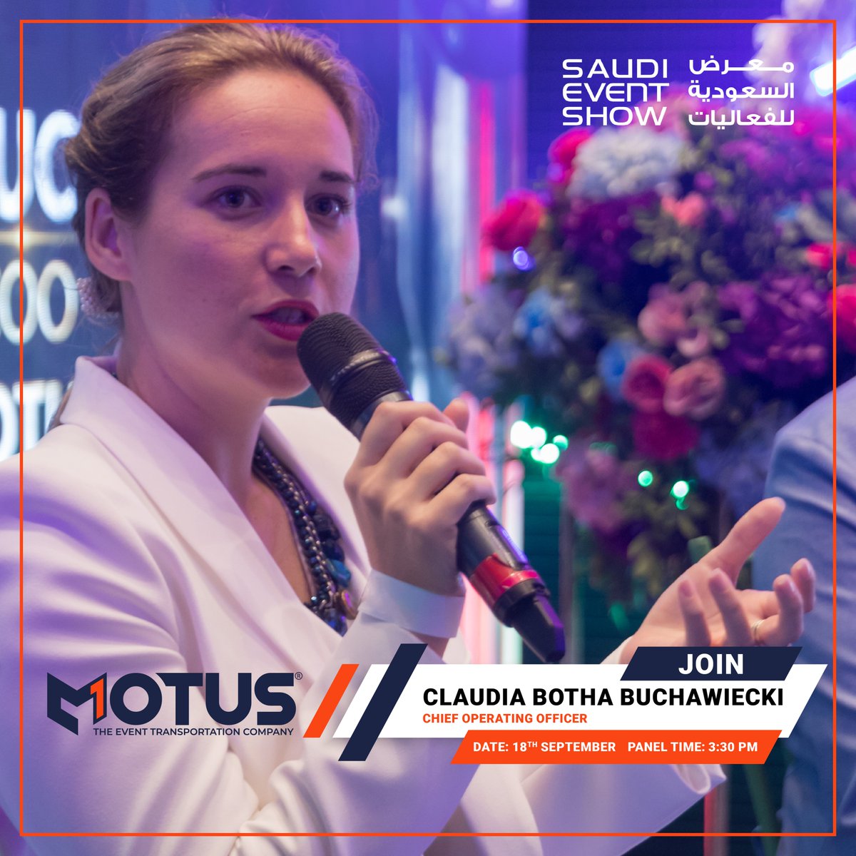 motusone's tweet photo. Don’t miss our COO, Claudia Botha, getting featured as a panelist in a seminar at the @SaudiEventShow 2023 🇸🇦 
📅 Date: 18th September 2023
🕒 Time: 3:30 PM – 4:15 PM
📍 Venue: Seminar Hub 1 - Local Spotlight
🎙️ Session Title: Panel Discussion: Women Empowerment https://t.co/dbGlOD64CT