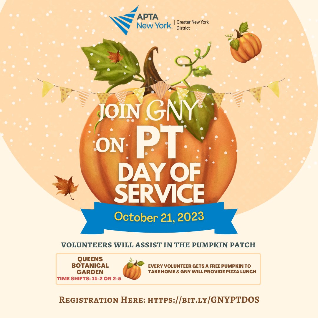 📣Join the GNY District's PT Day of Service team of volunteers  at the Queens Botanical Garden Pumpkin Patch! 🌱🍂 🤲 Every volunteer gets a free pumpkin, and pizza lunch is on us! 

Let's harvest smiles together and make a difference in our community.  bit.ly/GNYPTDOS