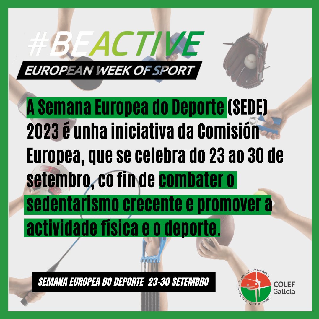 O obxectivo da SEDE é implicar a todos os estamentos sociais para que realicen unha ou varias accións que fomenten a actividade física e bos hábitos alimentarios entre a poboación.
+INFO👇🏽
bit.ly/3bt3IB8
#BeActive #Deporte #StopSedentarismo #ObesidadeZero