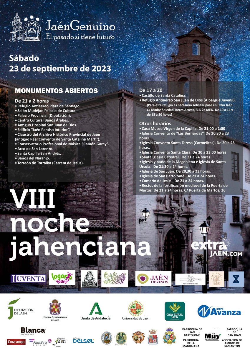 jaenturismo's tweet photo. Vive la cultura en Jaén
📆 El 23 de septiembre la ciudad de #Jaén celebra una nueva edición de la Noche Jahenciana, en la que los principales monumentos y enclaves culturales abrirán en horario nocturno y acogerán conciertos, teatro y otras actividades
ℹ https://t.co/bnkzTZhmV0 https://t.co/cENH7ri5Jx
