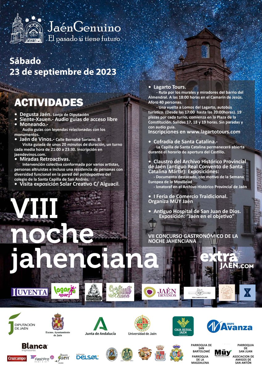 jaenturismo's tweet photo. Vive la cultura en Jaén
📆 El 23 de septiembre la ciudad de #Jaén celebra una nueva edición de la Noche Jahenciana, en la que los principales monumentos y enclaves culturales abrirán en horario nocturno y acogerán conciertos, teatro y otras actividades
ℹ https://t.co/bnkzTZhmV0 https://t.co/cENH7ri5Jx