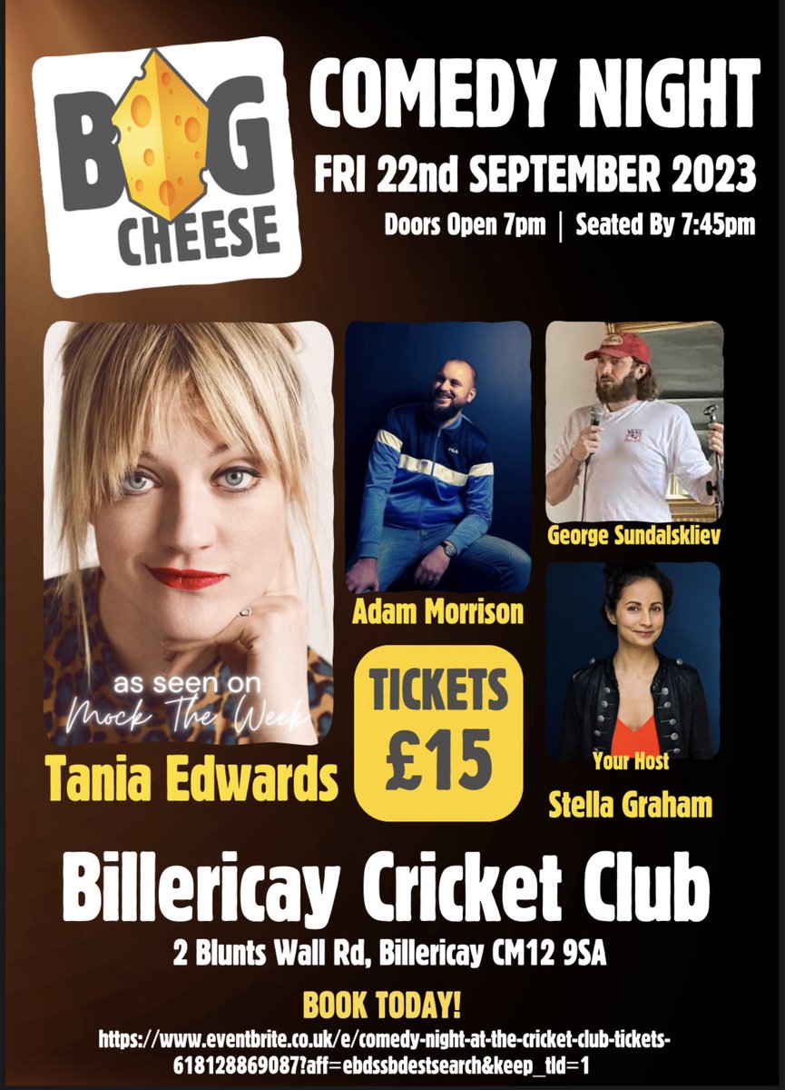 WHAT’S ON at Billericay CC! All welcome to our ever popular Comedy Night. Grab the last few tickets now….