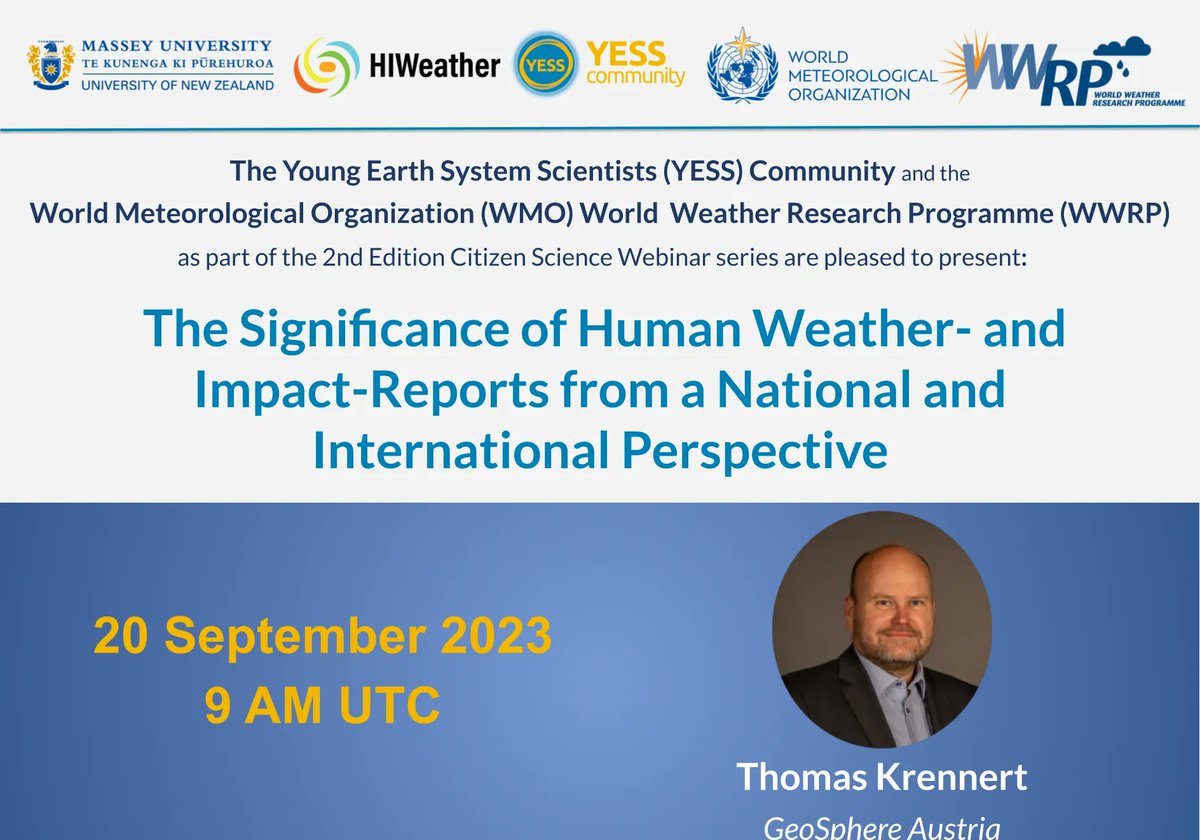 Our next YESS&amp;HIWeather webinar is in two days!

Thomas Krennert (Austrian National Weather Service) will talk about how importand the human weather and impact observations are, from a national and international perspective 

Registration form: buff.ly/3revRUf