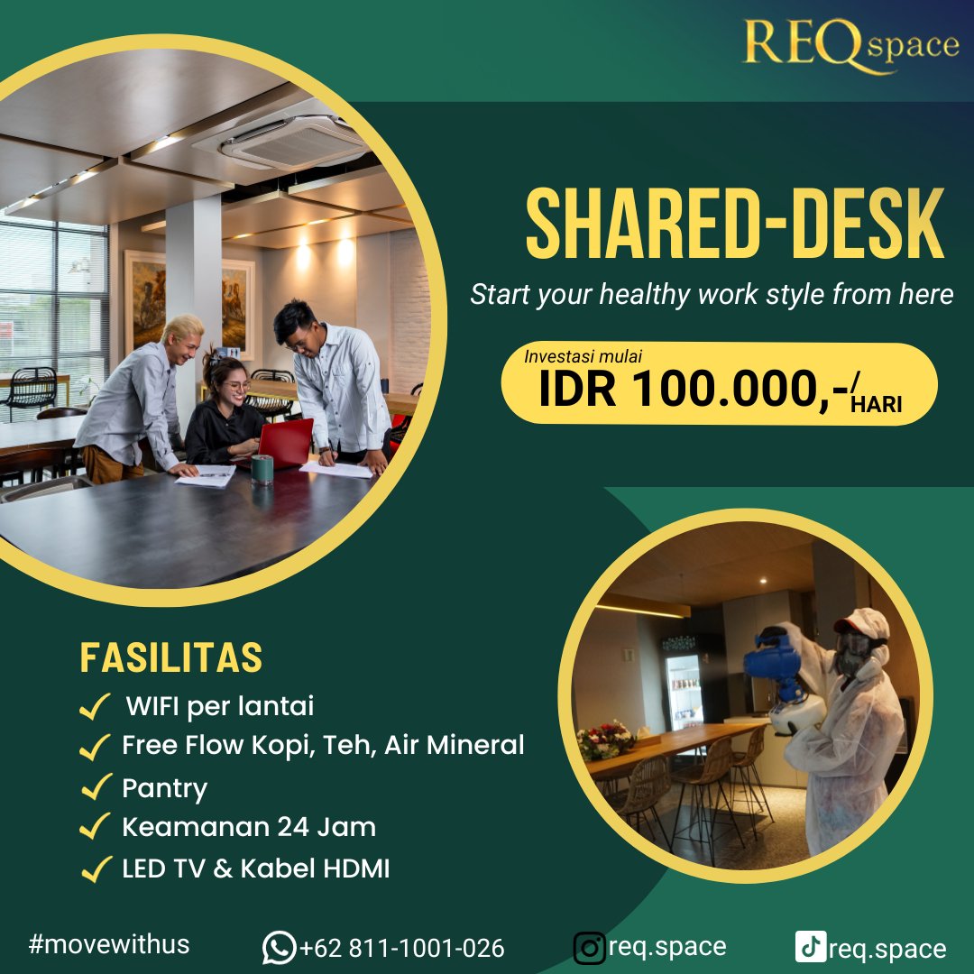 reqspace_id's tweet photo. Lets start your healthy work style from REQspace! Cuma investasi mulai IDR 100rb aja,  maksimalkan produktivitas tanpa takut terganggu soal kebersihan karena di REQspace setiap hari dilakukan pembersihan area ruang kerja secara menyeluruh untuk menjamin kenyamanan pelanggan. https://t.co/IfgPRVNNnQ