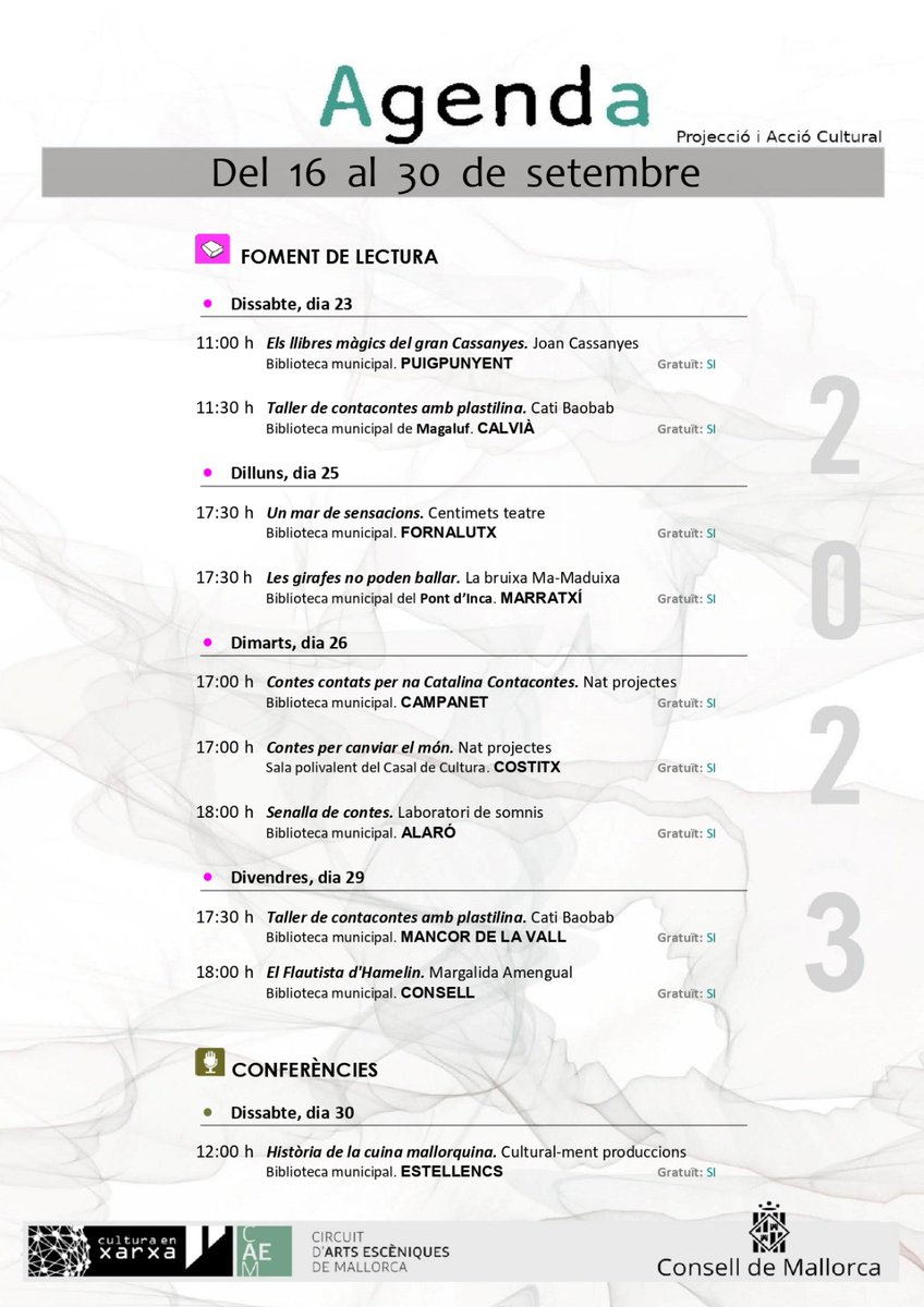 bibliomallorca's tweet photo. Propostes del #FomentdeLectura del 15 al 30 de setembre, incloses dins el Catàleg d'Activitats Culturals del @ConselldeMca i el #CACIM 
Amb la participació de la Xarxa de Biblioteques de Mallorca
@culturamallorca https://t.co/x0rTDQlhAA