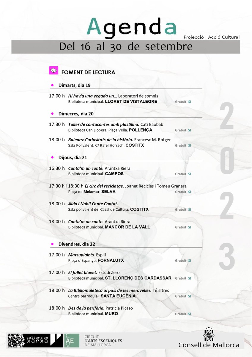 bibliomallorca's tweet photo. Propostes del #FomentdeLectura del 15 al 30 de setembre, incloses dins el Catàleg d'Activitats Culturals del @ConselldeMca i el #CACIM 
Amb la participació de la Xarxa de Biblioteques de Mallorca
@culturamallorca https://t.co/x0rTDQlhAA
