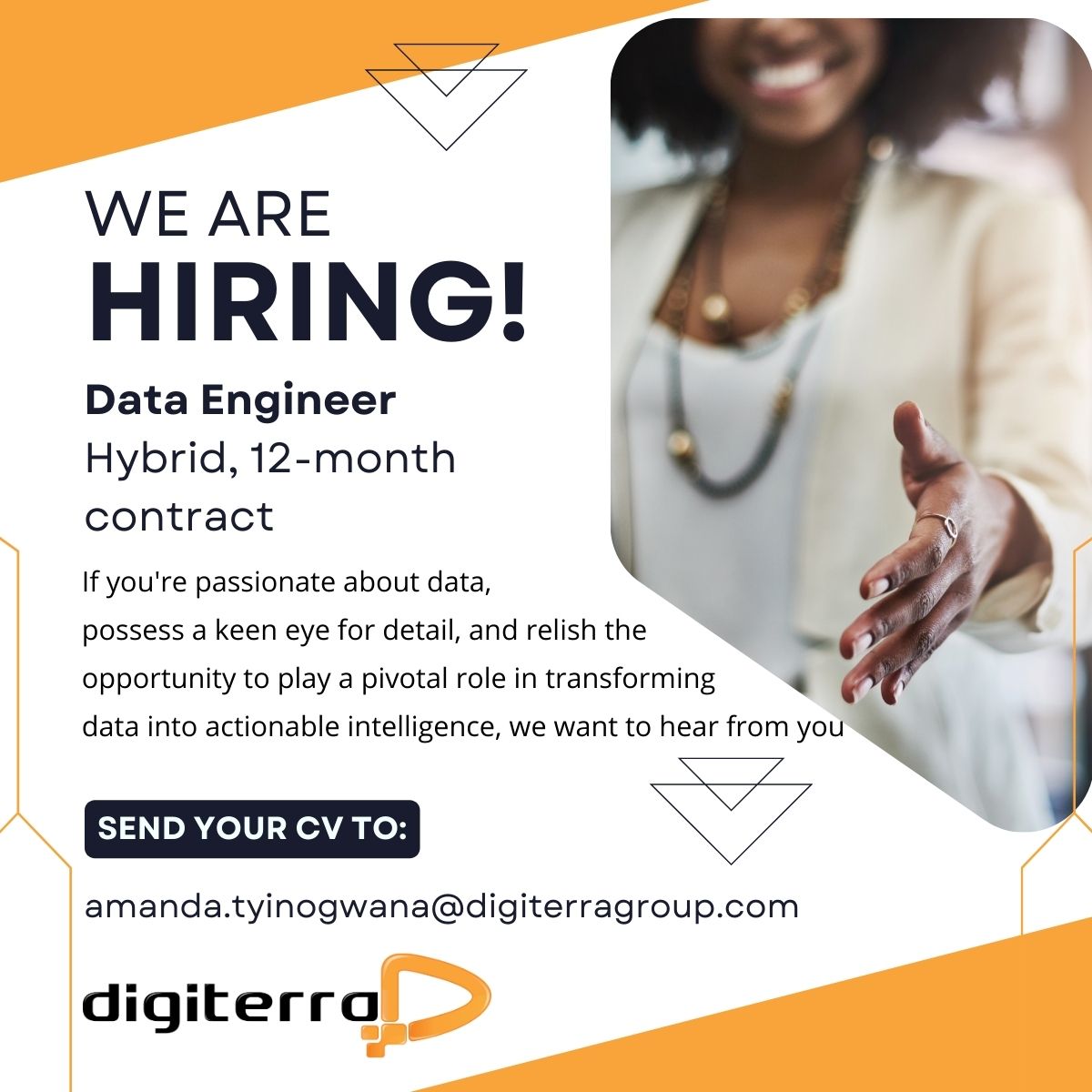 Our spotlight job of the week!
Data Engineer
Location: South Africa, Johannesburg
Duration: 12-month, Hybrid contract
Send your CV to: amanda.tyinogwana@digiterragroup.com

Elevate your career as a  Data Engineer with us today!

#dataengineer #hiringnow #elevateyourcareer