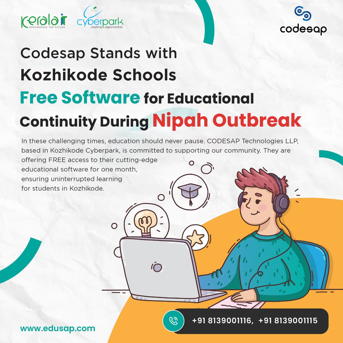 kerala_it's tweet photo. #CODESAP Technologies based at Cyberpark, Kozhikode, is ensuring that there is educational continuity for them, by providing schools with free access to their educational software for one month. For more details, visit https://t.co/zK8wP6KplN.
#KeralaIT #CyberparkKozhikode https://t.co/J1alaU6LB9