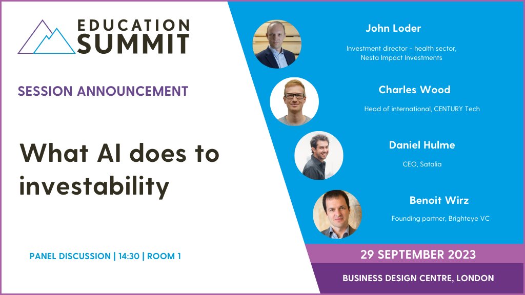 EduInvestor's tweet photo. #EdSummit23 session announcement: What AI does to investability with John Loder (@nesta_uk), Charles Wood (@ThisIsCentury), @TheSolveEngine (@SataliaSolves) & @bthewirz (@brighteyevc) – chaired by @DanSandhu (@EdDevTrust) https://t.co/A88FuKT9qV
#education #educationsector https://t.co/Ubrmj69CdG